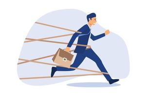 Business difficulty or struggle with career obstacle, limitation and trap or challenge to overcome to success concept, businessman tied up with red tape trying to run away with full effort. vector