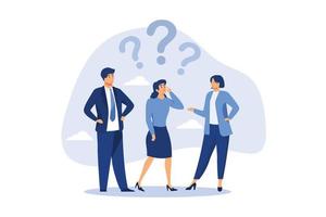 Confused business team finding answer or solution to solve problem, work question or doubt and suspicion in work process concept, businessman and woman team thinking with question mark symbol. vector