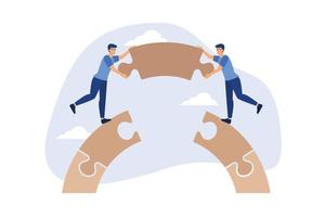 Business teamwork and partnership help to achieve team success, think together to solve business problem, business connection concept, businessmen working team building connect jigsaw puzzle bridge. vector