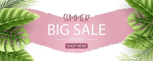 Summer sale banner design with tropical leaves background vector