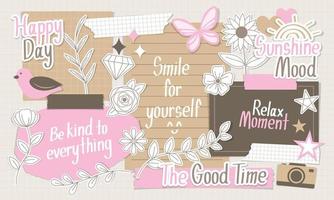 Cute vector elements in paper style for scrapbook or collage artwork, such as bird, butterfly, flower and handwriting phrases.