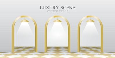 luxury scene contains golden arch and chess pattern floor 3D illustration vector for putting your object.