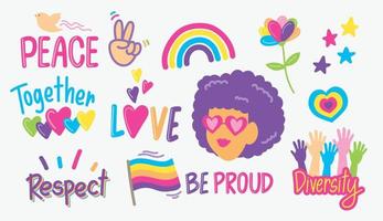 Cute hand drawn stickers vector set in love and peace concept.