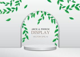 Arch and circle product podium with leaves background 3D illustration vector for putting your object.