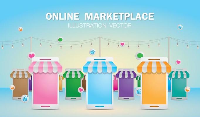 market stall awning with mobile phone element means online shop or online market.