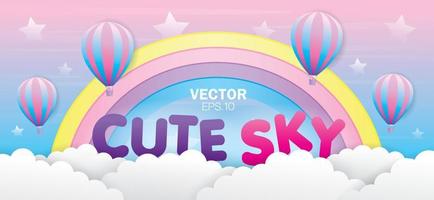 Cloud and rainbow with air balloon on cute pastel sky background. vector