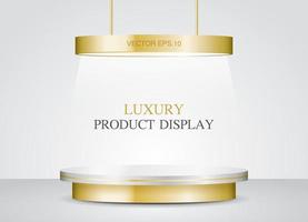 podio de producto dorado de lujo vacío con vector de ilustración 3d de luz de techo dorada para poner su objeto.