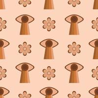 Retro seventies pattern. Pattern with eye, rainbow, flowers. Vector pattern in the style of the 70s.