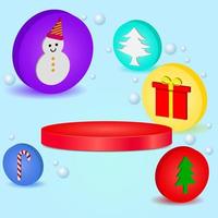 3d red circle podium. winter blue background with tree, giftbox, snowman, snowflakes and candy cane. colorful. suitable for background promotion or sale product vector