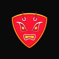 angry devil shield illustration. character, mascot and cartoon style. red, black, orange, and white. suitable for logo, emblem, symbol or sign. such as t shirt design, e sports and defense logo vector