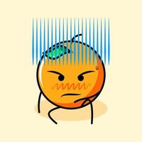 lindo personaje naranja con hoja, expresión genial, sentarse e intimidación. caricatura, emoticono, moderno, fresco, contorno y logotipo de mascota. adecuado para logotipo, icono y signo vector