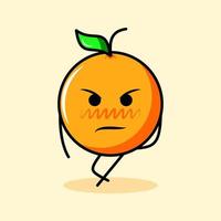 cute orange character with leaf, cool expression. cartoon, emoticon, modern, fresh, outline and mascot logotype. suitable for logo, icon and sign vector