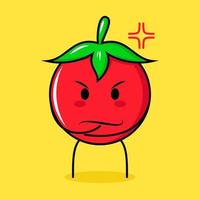 lindo personaje de tomate con expresión enojada. verde, rojo y amarillo. adecuado para emoticonos, logo, mascota. una mano en la barbilla vector