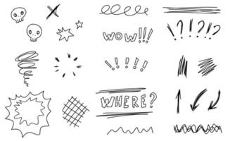 Doodle tornado, nature, arrow, stars, skull, text. Sketch set cute isolated line collection. vector