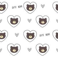 Cute brown bear white pattern with hearts doodle. Hand drawn seamless paper with forest animals for baby. vector