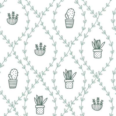 Beautiful white pattern with doodle plants and hand drawn cactus. Cute cacti texture for paper, fabric, kitchen, children.
