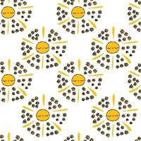Cute white pattern with doodle sun, flowers fabric. Seamless background textiles for kitchen, kids. Minimalism paper scrapbook. vector