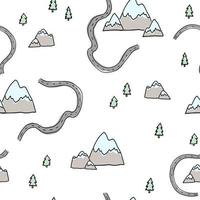 White pattern about travel hand drawn doodle mountains walk forest trees. vector