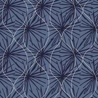 Dark blue line black flowers. Cute seamless pattern with white doodle. Texture, textiles, children wallpaper. vector