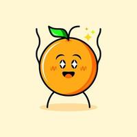 cute orange character with happy expression, sparkling eyes and both hands raised up. cartoon, emoticon, modern, fresh, outline and mascot logotype. suitable for logo, icon and sign vector