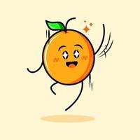cute orange character with happy expression, sparkling eyes and jump. cartoon, emoticon, modern, fresh, outline and mascot logotype. suitable for logo, icon and sign vector