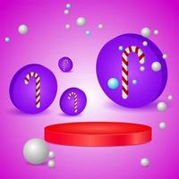 3d red circle podium. winter purple background with candy cane and snowflakes. colorful. suitable for background promotion or sale product vector