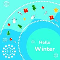 winter illustration. winter background with snowman, star, tree, giftbox, candy cane and snowflakes. suitable for greeting card, feed social media, and flyer vector