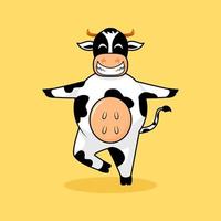 vaca linda parada en una pierna y manos extendidas con expresión de sonrisa. estilo de dibujos animados, mascota, animal y personaje. naranja, negro y blanco. adecuado para logotipo, icono, símbolo, diseño de camiseta y signo