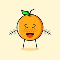 cute orange character with happy expression, close eyes, mouth open and both hands shaking. suitable for emoticon, logo, mascot vector