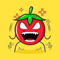 lindo personaje de tomate con expresión muy enojada. ojos saltones y boca abierta. verde, rojo y amarillo. adecuado para emoticonos, logotipos, mascotas vector