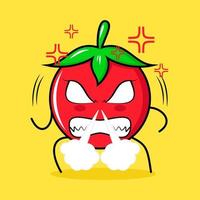 lindo personaje de tomate con expresión enojada. la nariz echando humo, los ojos saltones y sonriendo. verde, rojo y amarillo. adecuado para emoticonos, logotipos, mascotas vector