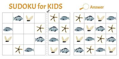 Sudoku game for kids with pictures of sea animals. Children's activity sheet. Vector illustration cartoon style