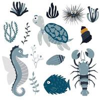 Sea animals on a white background. Cute and funny Inhabitants of the marine underwater world. Vector illustration on a white background.