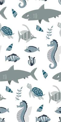 Seamless children's pattern with funny fish and sea animals. Children's texture for fabric, packaging, textiles, wallpaper, clothing. Vector background.