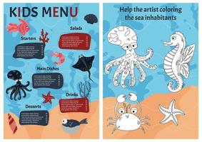 Cute colorful vector template for children's menu with sea animals and logical children's game. Cartoon style.