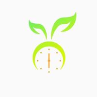 concepto de logotipo de hoja y reloj. combinación, estilo creativo, plano, simple y moderno. verde y amarillo. adecuado para logotipo, icono, símbolo y signo. como el logotipo de la naturaleza vector