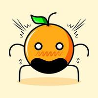 lindo personaje naranja con hoja, expresión sorprendida y ojos saltones. caricatura, emoticono, moderno, fresco, contorno y logotipo de mascota. adecuado para logotipo, icono y signo vector