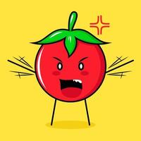 lindo personaje de tomate con expresión enojada. verde, rojo y amarillo. adecuado para emoticono, logo, mascota. ambas manos levantadas y boca abierta vector