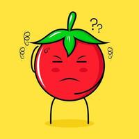 lindo personaje de tomate con expresión de pensamiento, una mano en la cabeza y ojos cerrados. verde, rojo y amarillo. adecuado para emoticonos, logotipos, mascotas vector