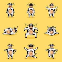 colección de ilustración de expresión de vaca linda. llorar, enfadarse, dormir, conmocionarse y sonreír. estilo de dibujos animados, mascota, animal y personaje. adecuado para el diseño de camisetas, logotipo, icono, símbolo o signo vector