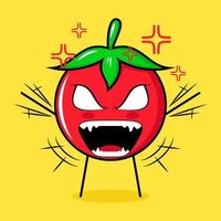 lindo personaje de tomate con expresión enojada. ambas manos levantadas, los ojos desorbitados y la boca bien abierta. verde, rojo y amarillo. adecuado para emoticonos, logotipos, mascotas vector