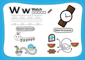 letra del alfabeto w - ejercicio de reloj con ilustración de vocabulario de dibujos animados, vector