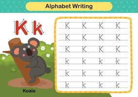 alfabeto letra k - ejercicio de koala con ilustración de vocabulario de dibujos animados, vector