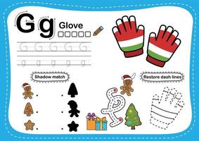 Alphabet Letter G - Glove exercise with cartoon vocabulary illustration, vector