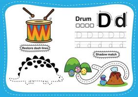 Alphabet Letter D - Drum exercise with cartoon vocabulary illustration, vector
