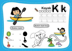 letra del alfabeto k - ejercicio de kayak con ilustración de vocabulario de dibujos animados, vector