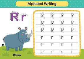 Alphabet Letter  R - Rhino exercise with cartoon vocabulary illustration, vector
