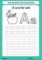 Alphabet a exercise with cartoon vocabulary for coloring book illustration, vector