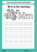 Alphabet m exercise with cartoon vocabulary for coloring book illustration, vector