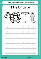 Alphabet t exercise with cartoon vocabulary for coloring book illustration, vector